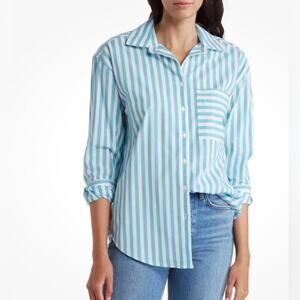 Casa Cabana NWT Bethany Button Up Long Sleeve Shirt Turquoise Stripes Size Small